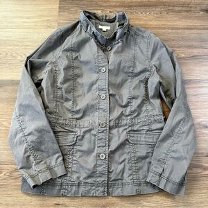 Eileen Fisher Ruffle Collar Lightweight Utility Jacket Button Large Olive Green‎